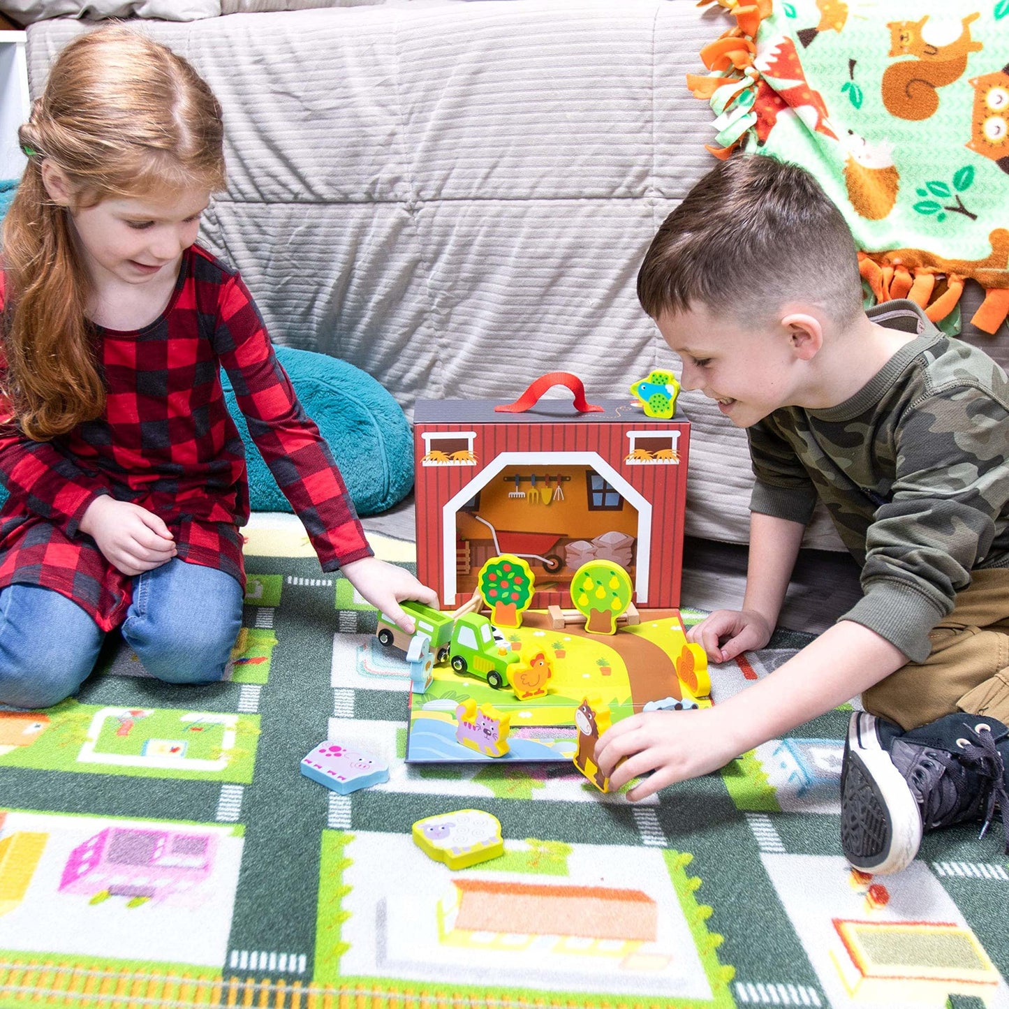 Take-Along Barnyard Toy - Foldable Barn Box With Farm Animals For Kids - Wooden Fences, Crops, Hay, Horse, Cow, Sheep, Pig, Rooster, Duck, Bird, Cat, And Dog, Tractor, Cart, And Carrying Case