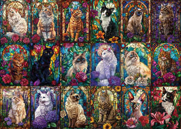 Buhah Stained Glass Cat Puzzles For Adults 1000 Pieces Colorful Flower Art Jigsaw Puzzles Animal Collage Plant Floral For Decora