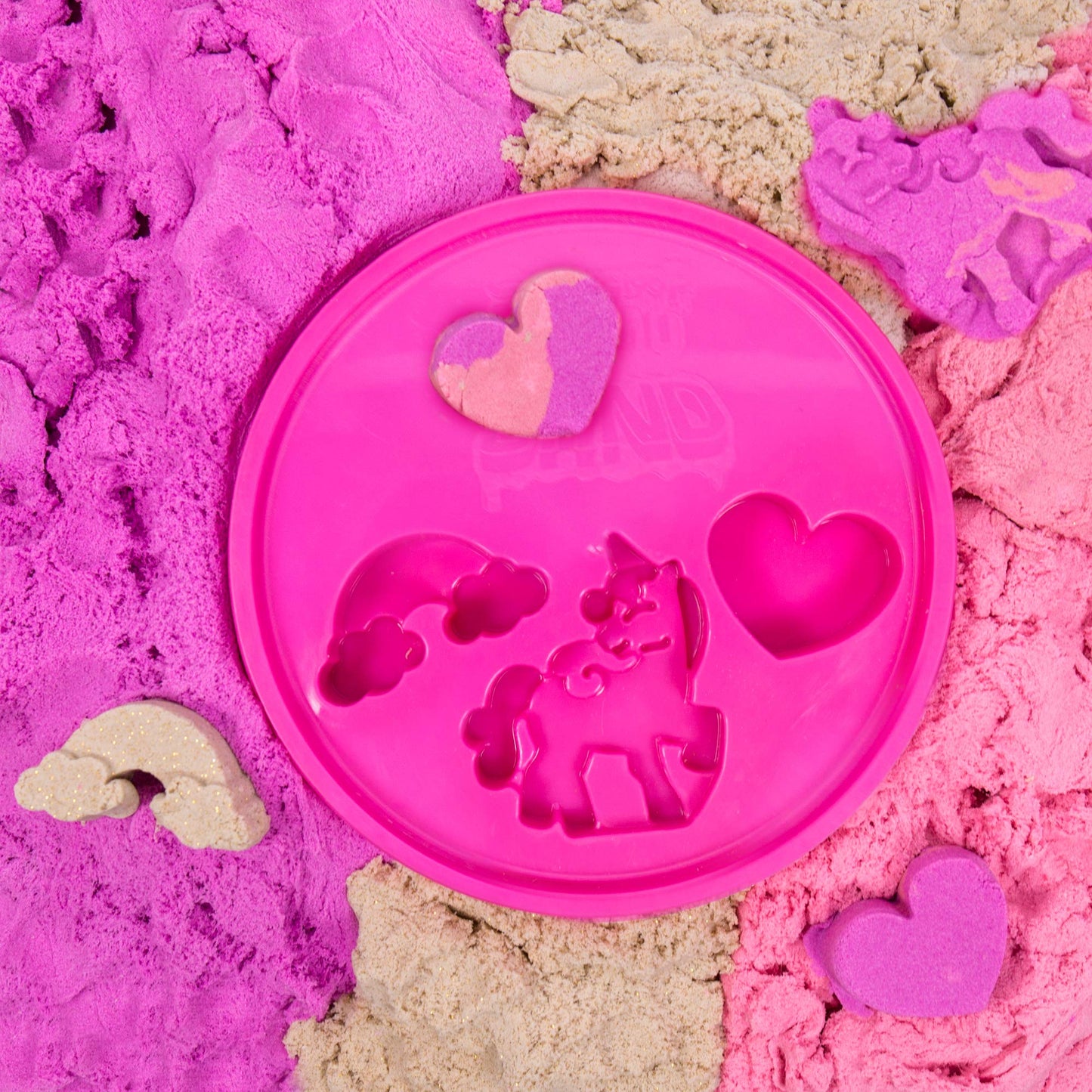 Slimysand Bucket, 5 Pounds Of Slimysand In Purple, Pink And White Glitter, 3 Molds, Bucket Is Reusable For Storage. Super Stretchy & Moldable!