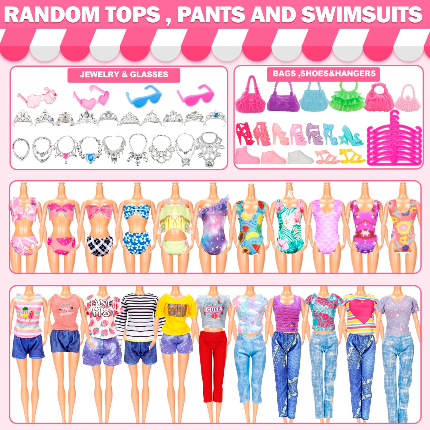 70 Pcs Doll Clothes And Accessories Kit, Including 4 Princess Gowns 8 Fashion Dresses 3 Tops 3 Pants 2 Bikini Swimsuits 20 Shoes 10 Hangers 20 Accessories For 11'-12' Dolls1