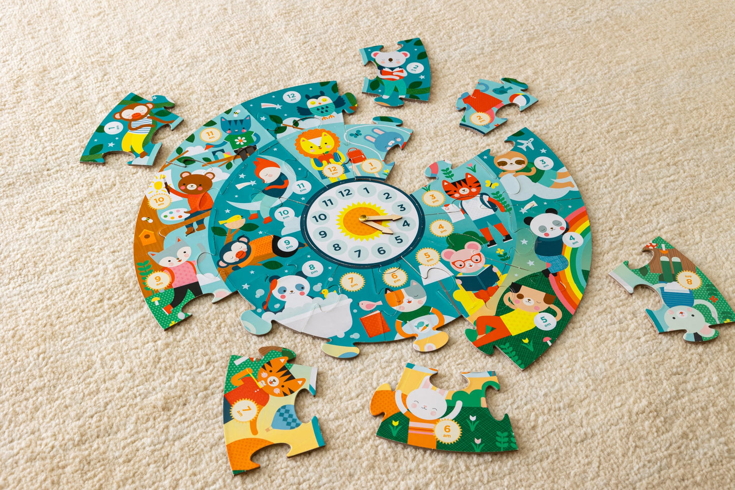 Petit Collage Floor Puzzle, Telling The Time, 24-Pieces - Large Puzzle For Kids, Wooden Clock Hands Can Be Moved To Show The Tim
