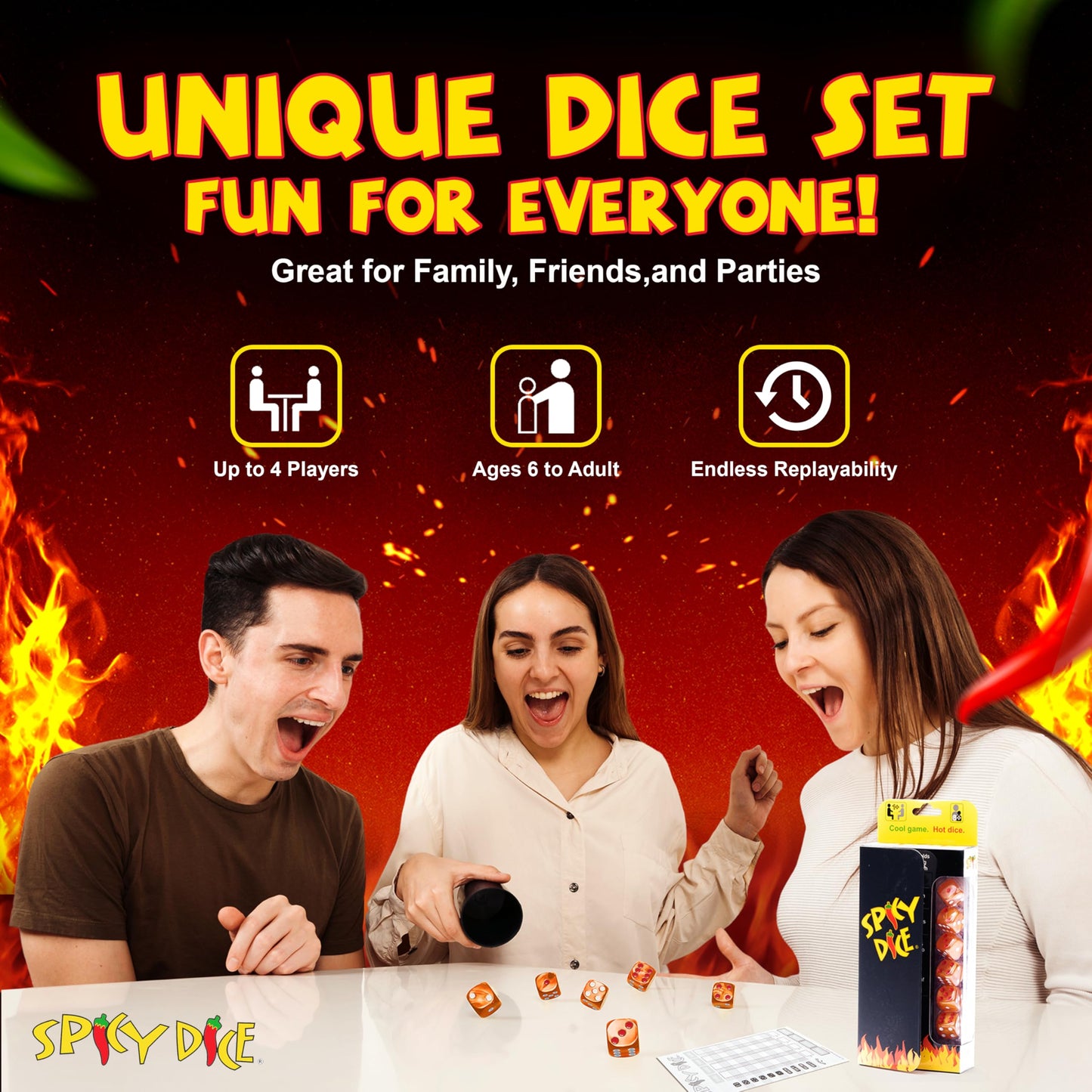 Spicy Dice Orange: The Ultimate Family Dice Game - Pearlized Colored Dice With Cheat Sheet And Silkscreened Pouch For Strategic