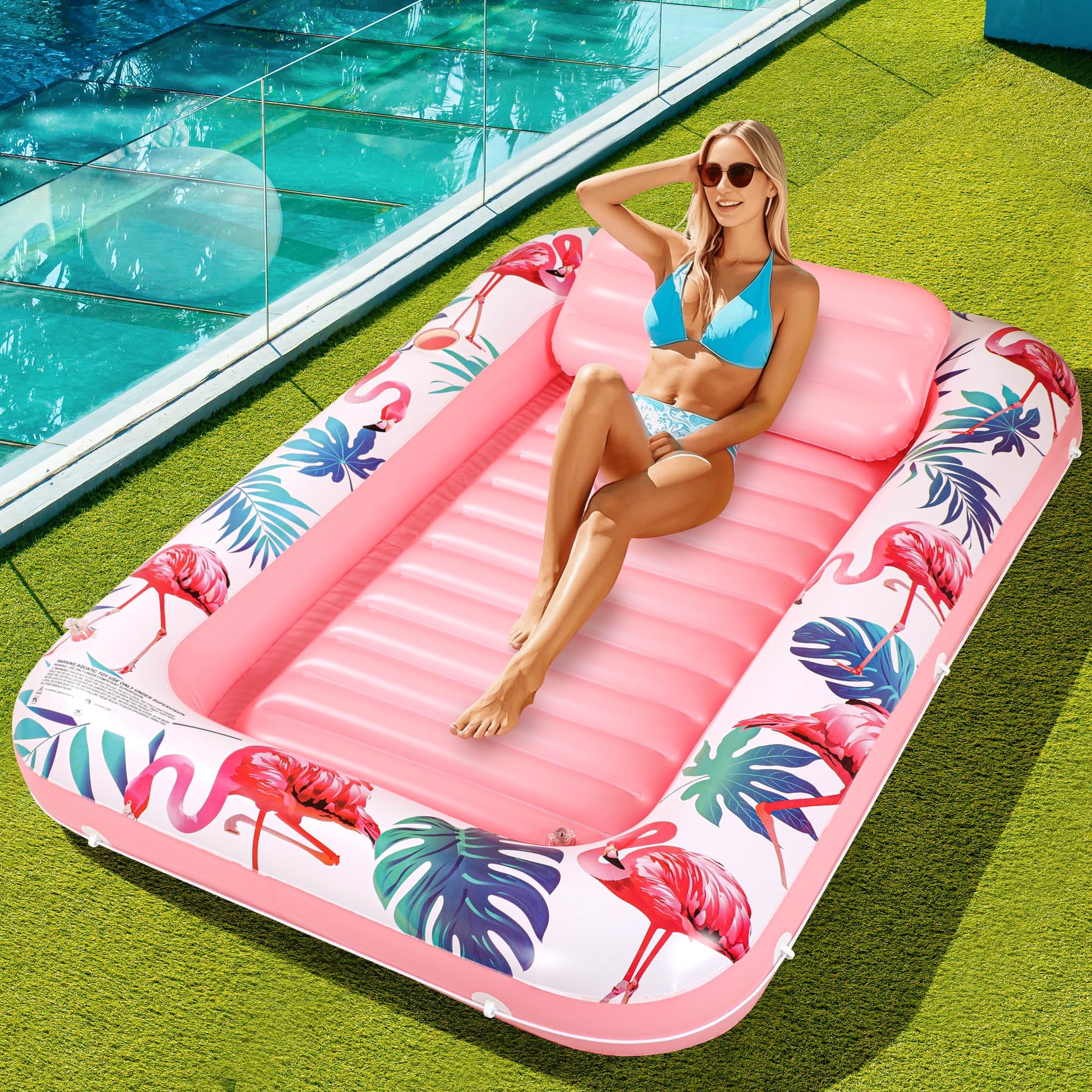 enhanced Inflatable Tanning Pool Lounger Lake Flamingo Pool Float Floaties for mature-themeds - Comfortable Design with Cup Holders and Headrest - Perfect for Beach Parties  Lake Lounging  and Tanning