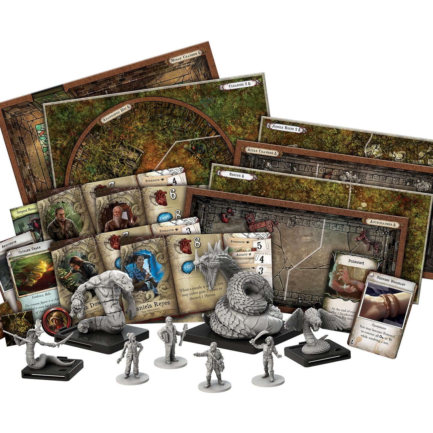 Mansions of Madness Path of The Serpent Expansion - Conquer The Perils of The Jungle and Unearth New Horrors! Ages 14+  1-5 Players  2-3 Hour Playtime  Made by Fantasy Flight Games