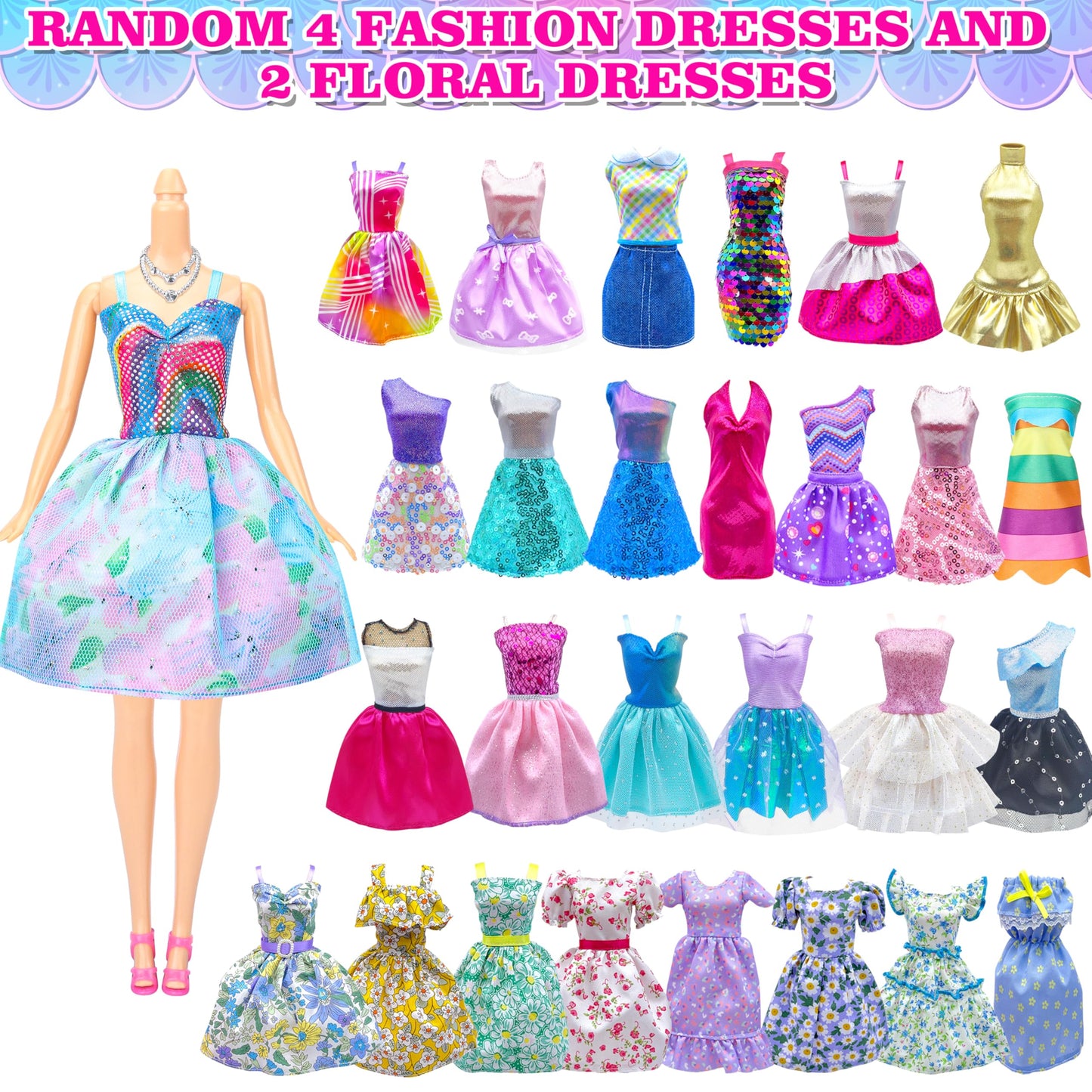 Style Shine 50 Pack Doll Clothes And Accessories, 4 Wedding Gowns 2 Evening Dresses 6 Fashion Dresses 6 Set Casual Outfits Top A