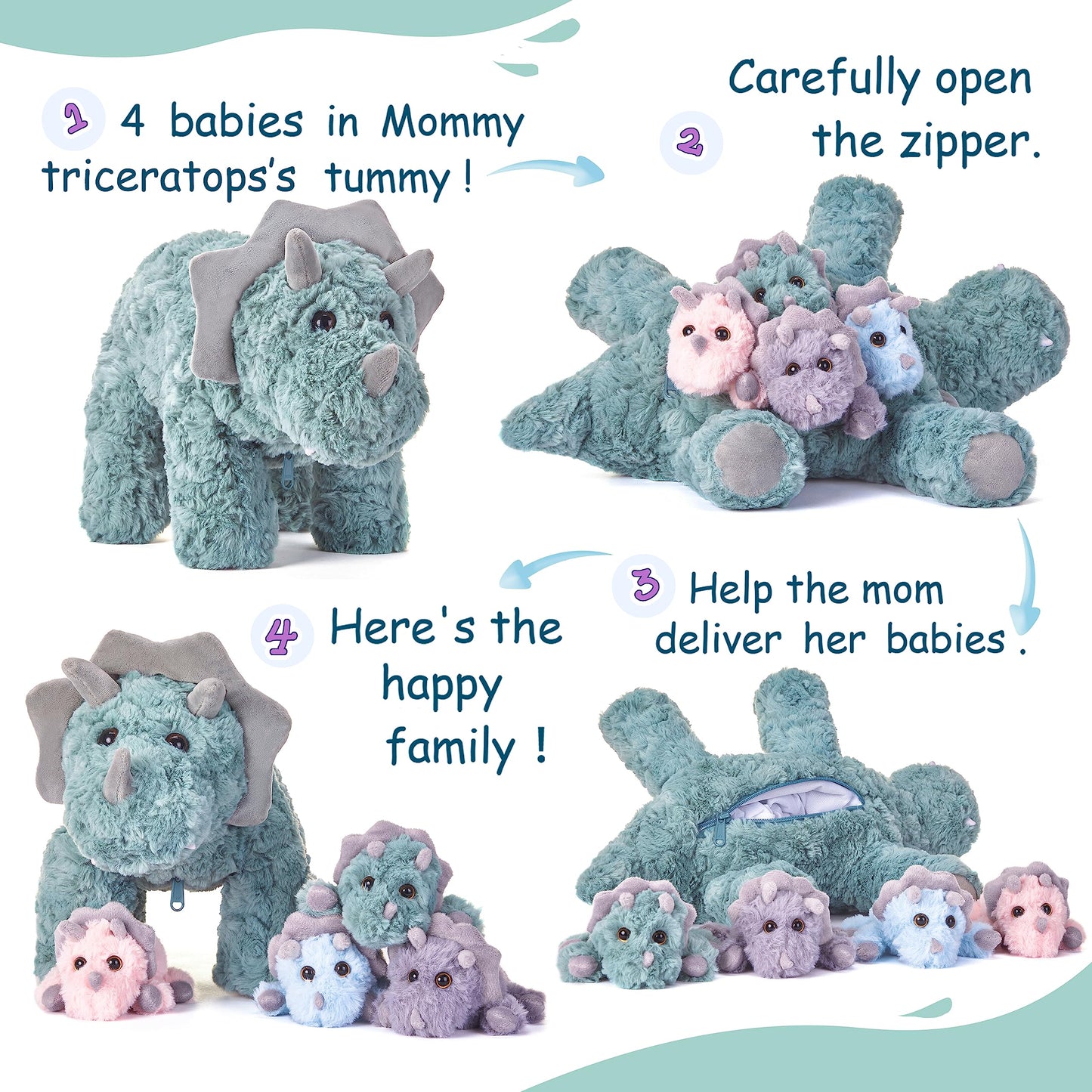 EARTHSOUND Triceratops Stuffed Animal - 18" Plush Mommy & Baby Toy, Soft Polyester, Perfect Gift for Kids
