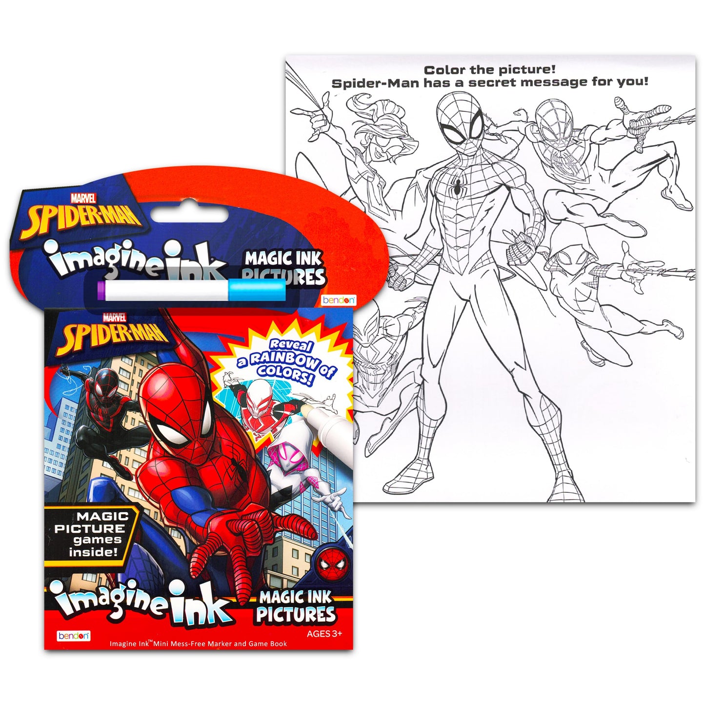 Marvel Store Spiderman Imagine Ink Coloring Book Set -- 2 Mess-Free Books with Stickers,No Mess Magic Pens,Games,Puzzles,Mazes,A