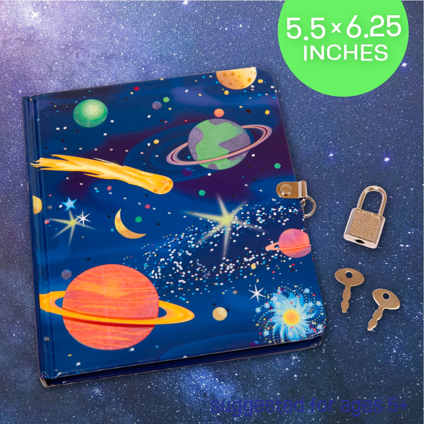 Peaceable Kingdom Deep Space Glow In The Dark 6.25' Lock And Key, Lined Page Diary For Kids