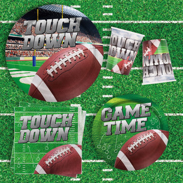Football Party Supplies Kit Serve 25, Includes Disposable Dinner Plates, Dessert Plates, Napkins, Cups,And Football Tablecloth,