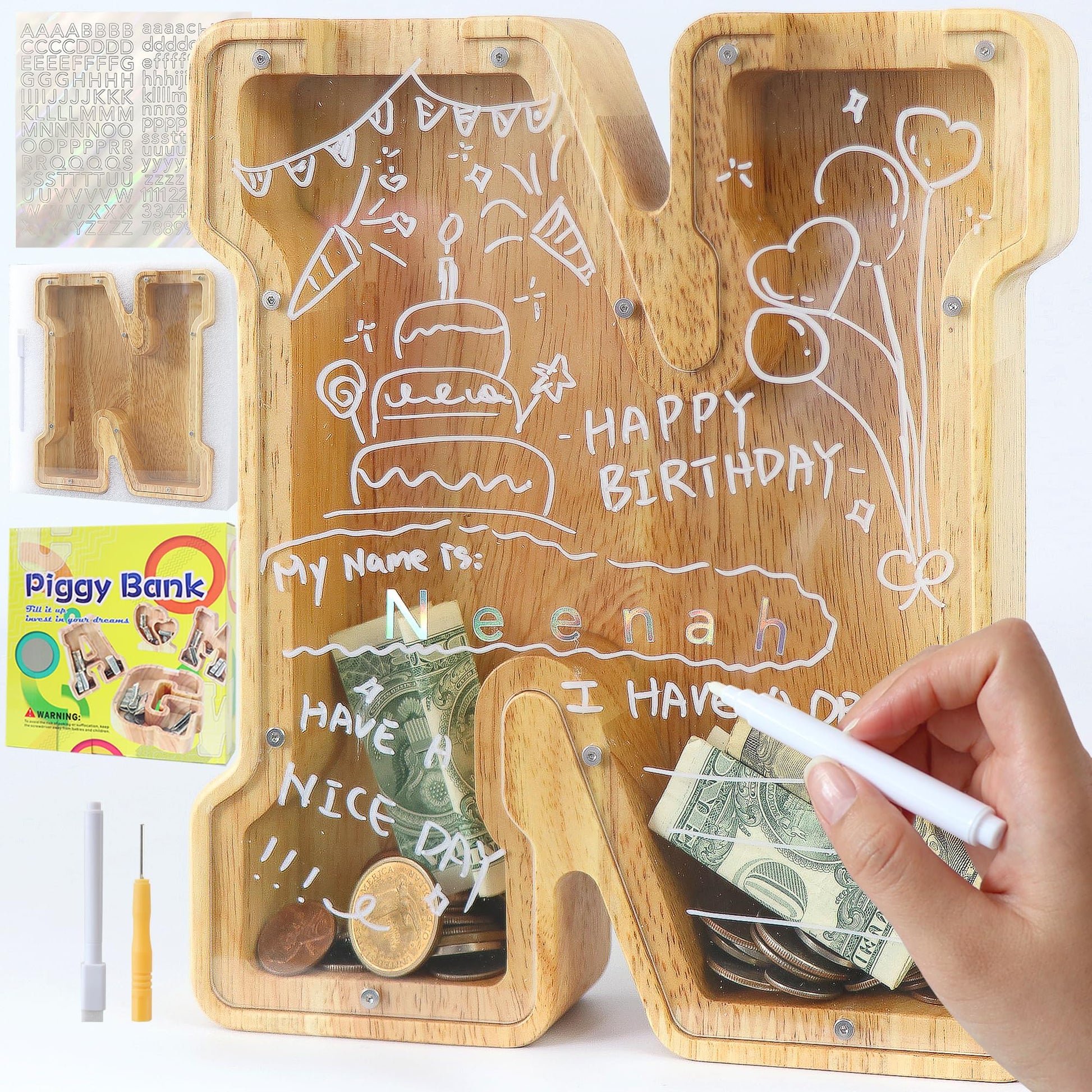 weallbuy Large Letter Piggy Bank for Kids Boys Girls Wooden Personalized Piggy Banks A-Z with Target Area Clear Alphabet Banknote Coin Banks for Gift Decoration Baptism (N)