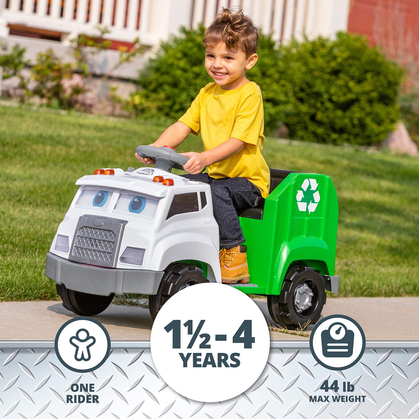 Kid Trax Real Rigs Toddler Recycling Truck Interactive Ride On Toy, Kids Ages 1.5-4 Years, 6 Volt Battery And Charger, Sound Effects, 9 Recycling Accessories Included,Green