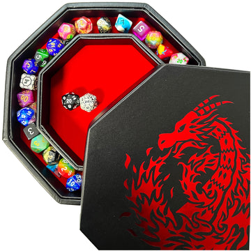 Fantasydice- RED - Fire Dragon - Dice Tray - 8'' Octagon with Lid and Dice Staging Area- Holds 5 Sets of Dice(7 / Standard) for
