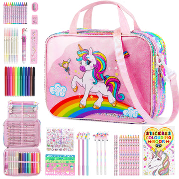 D-FantiX Unicorn Art Supplies Convertible Bag for Girls, 63Pcs Coloring Drawing Set for Kids with Fruit Scented Markers, Portabl