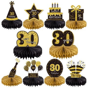 Gexolenu 10 Pcs 30Th Birthday Honeycomb Centerpieces Gold Black Cheers To 30 Years Birthday Centerpieces Tables Toppers For 30Th