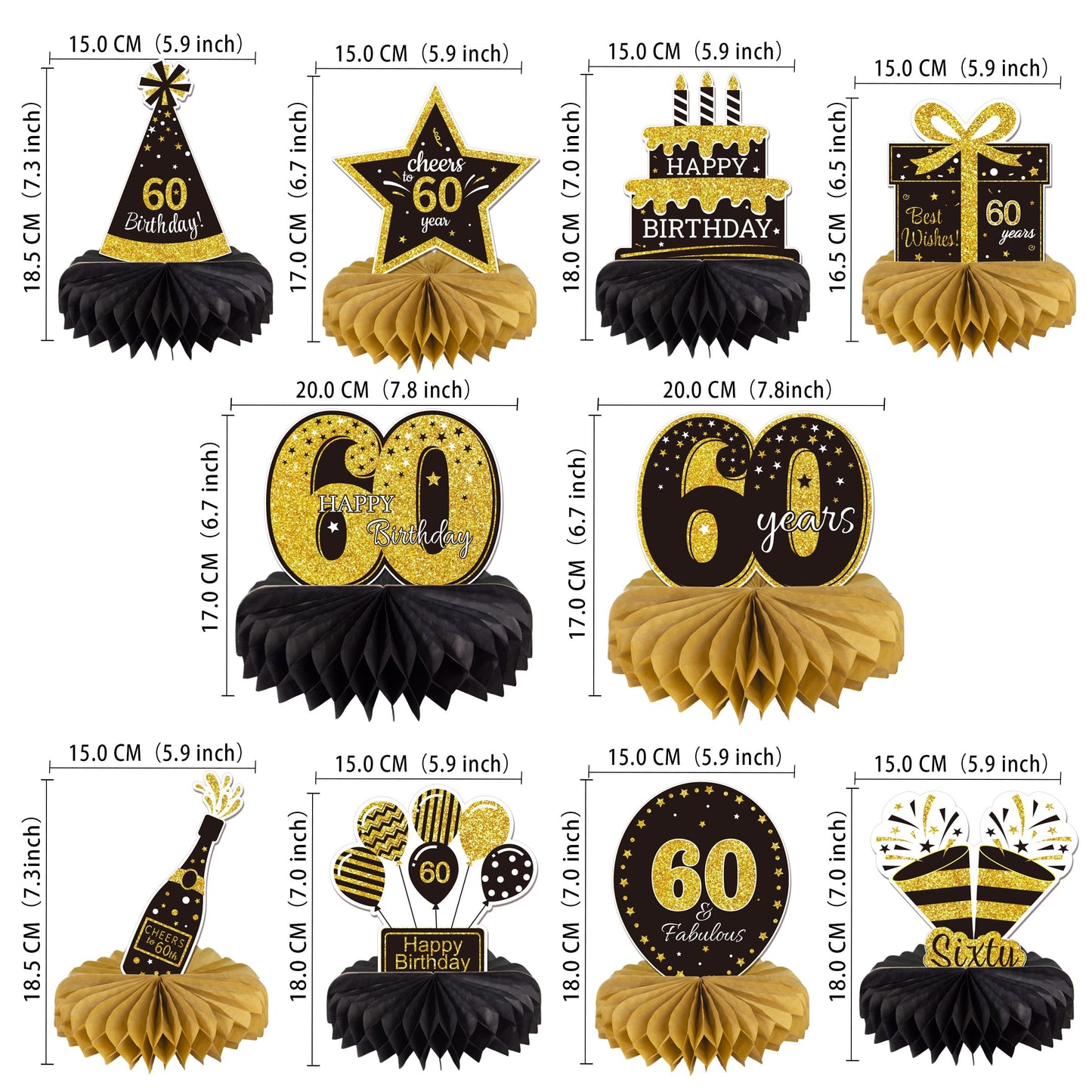 Gexolenu 10 Pcs 60Th Birthday Honeycomb Centerpieces Gold Black Cheers To 60 Years Birthday Centerpieces Tables Toppers For 60Th