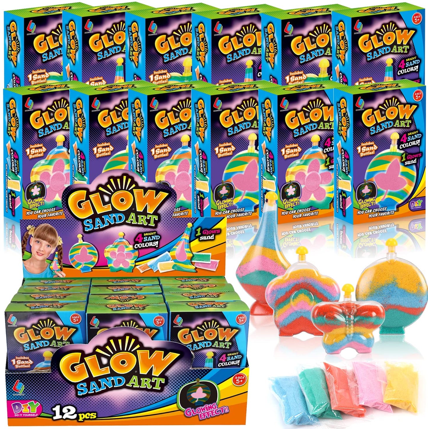 12 Pack Create Your Own Magic Sand Art Glitter Activity | Glow in the Dark Colored Custom Sand Kits for Kids - Includes 12 Bottl