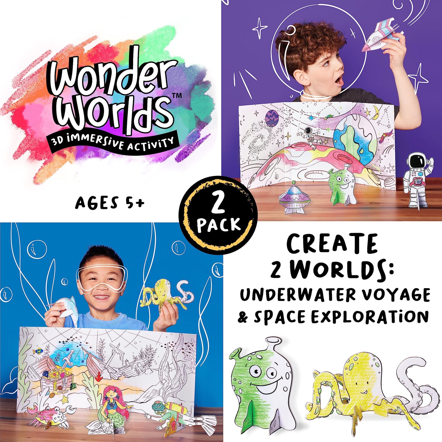 Creativity For Kids Wonder Worlds 3D Coloring Craft Kit 2 Pack: Outer Space And Underwater Voyage - Gifts For Boys And Girls Ages 5-8+