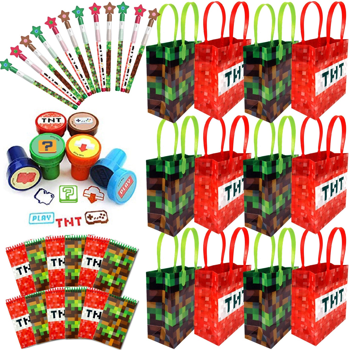 TINYMILLS Pixel Miner Party Favor Set of 60 Pcs (12 Party Favor Treat Goody Bags with Handles, 24 Self-Ink Stamps for Kids, 12 m