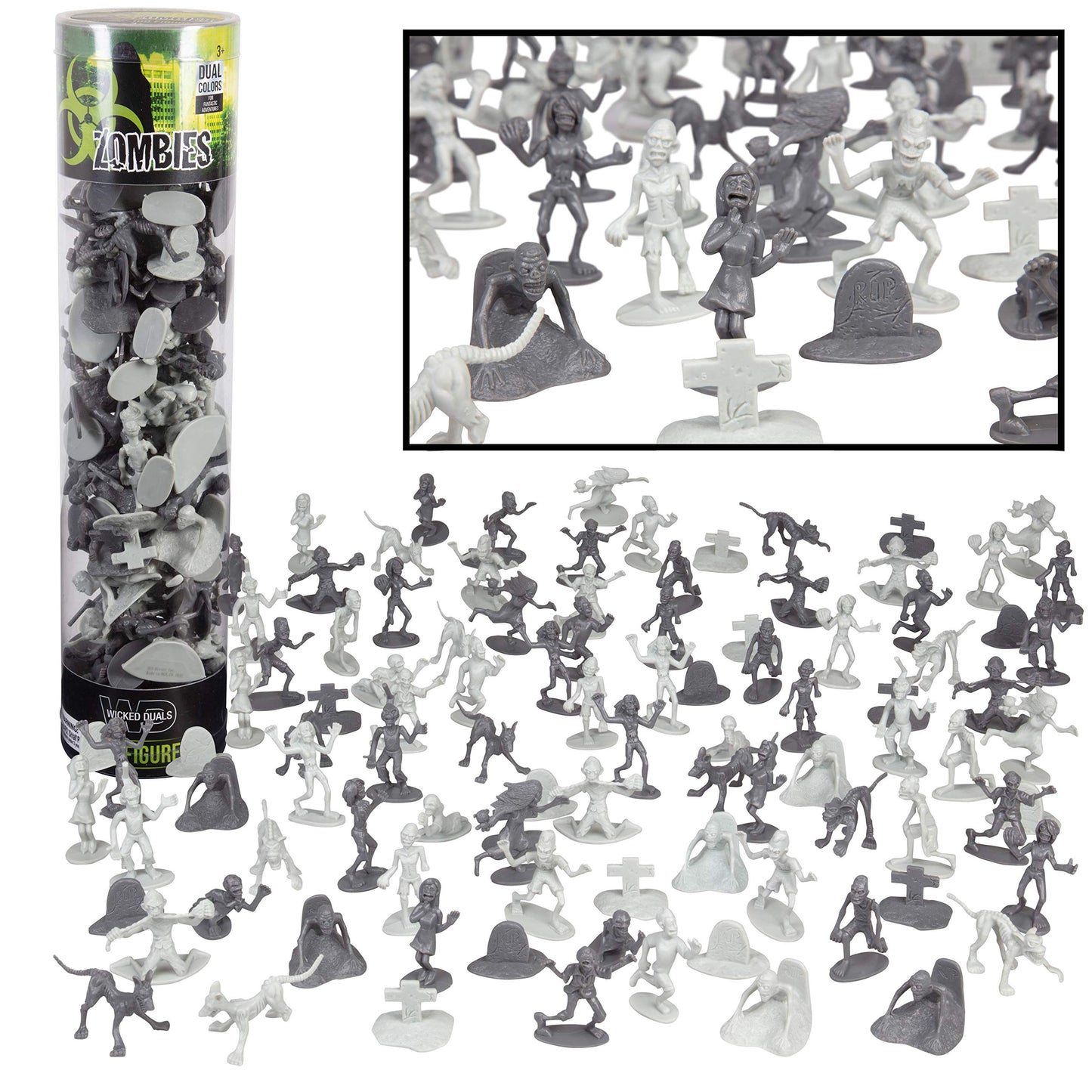 Halloween Zombie Action Figures Big Bucket of 100 Zombies w 14 Unique Sculpts Zombies, Pets, Graves & Humans for Playtime, Dec