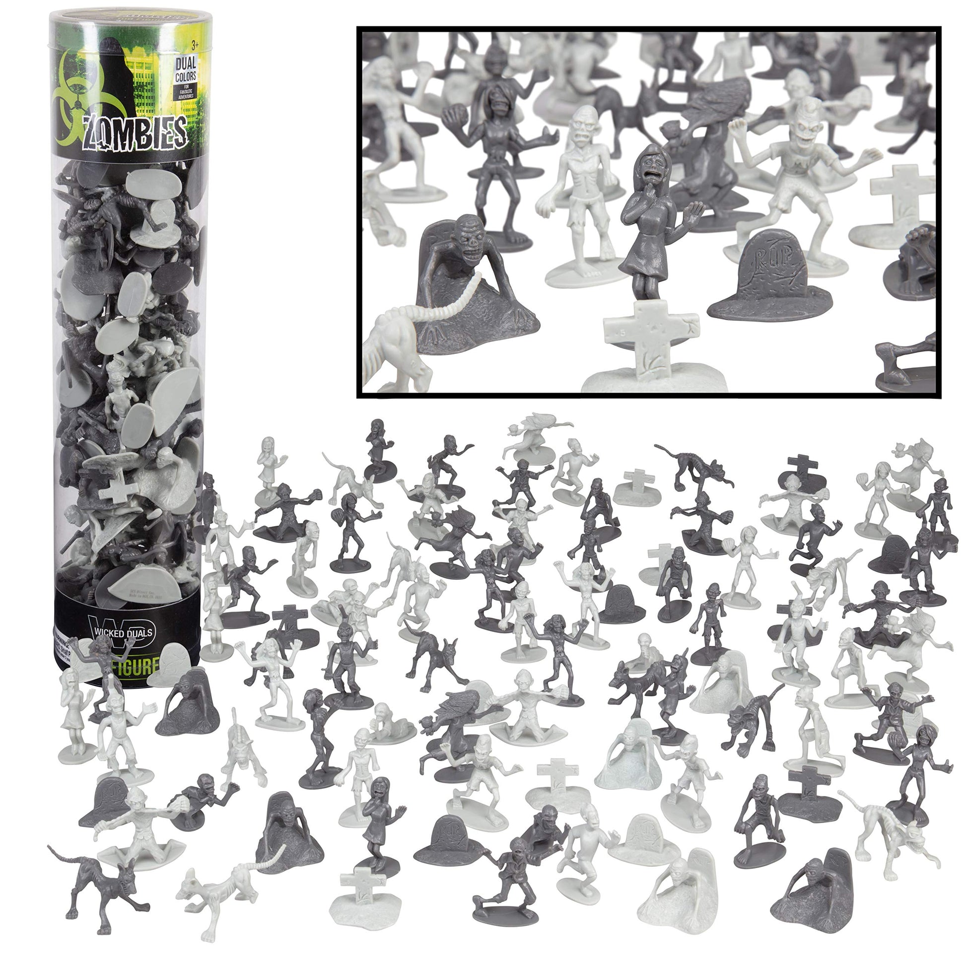 Halloween Zombie Action Figures Big Bucket of 100 Zombies w 14 Unique Sculpts Zombies, Pets, Graves & Humans for Playtime, Dec