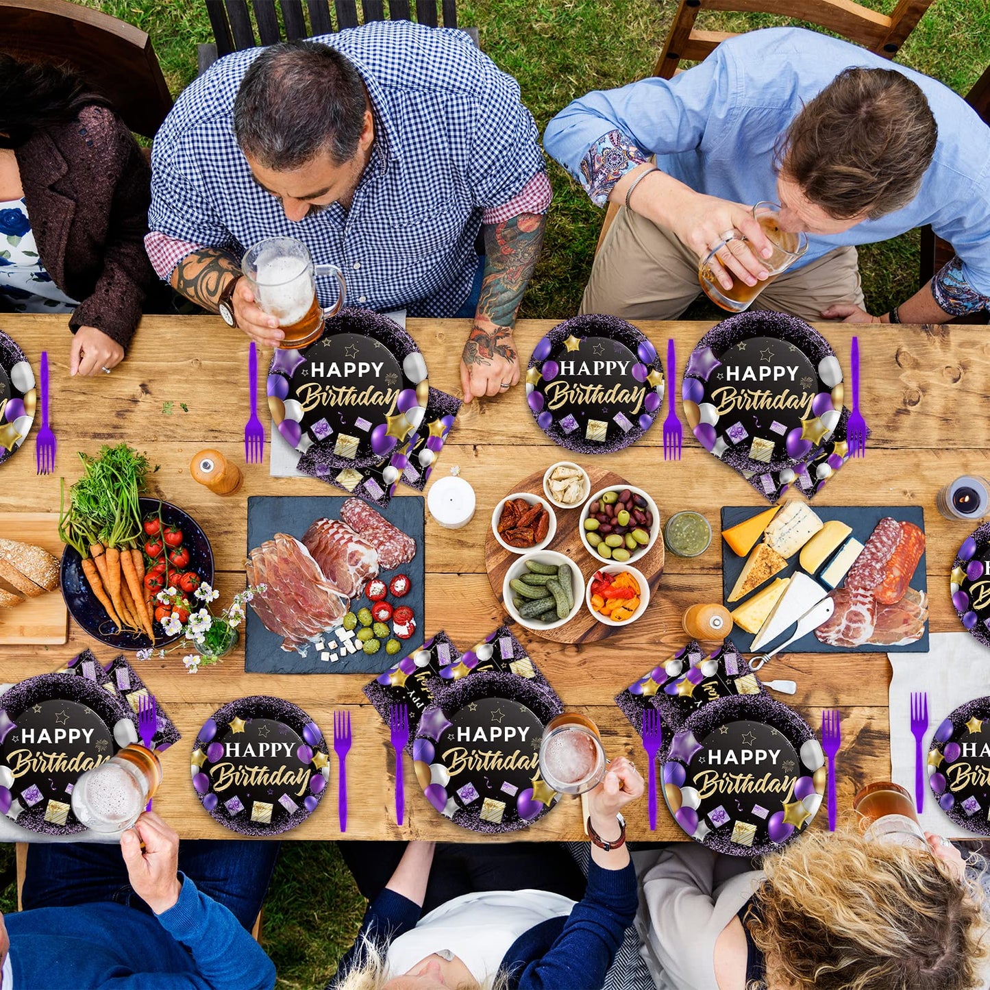 Purple Birthday Plates And Napkins Purple And Black Happy Birthday Party Supplies Tableware Set For 24 Guests Table Decorations