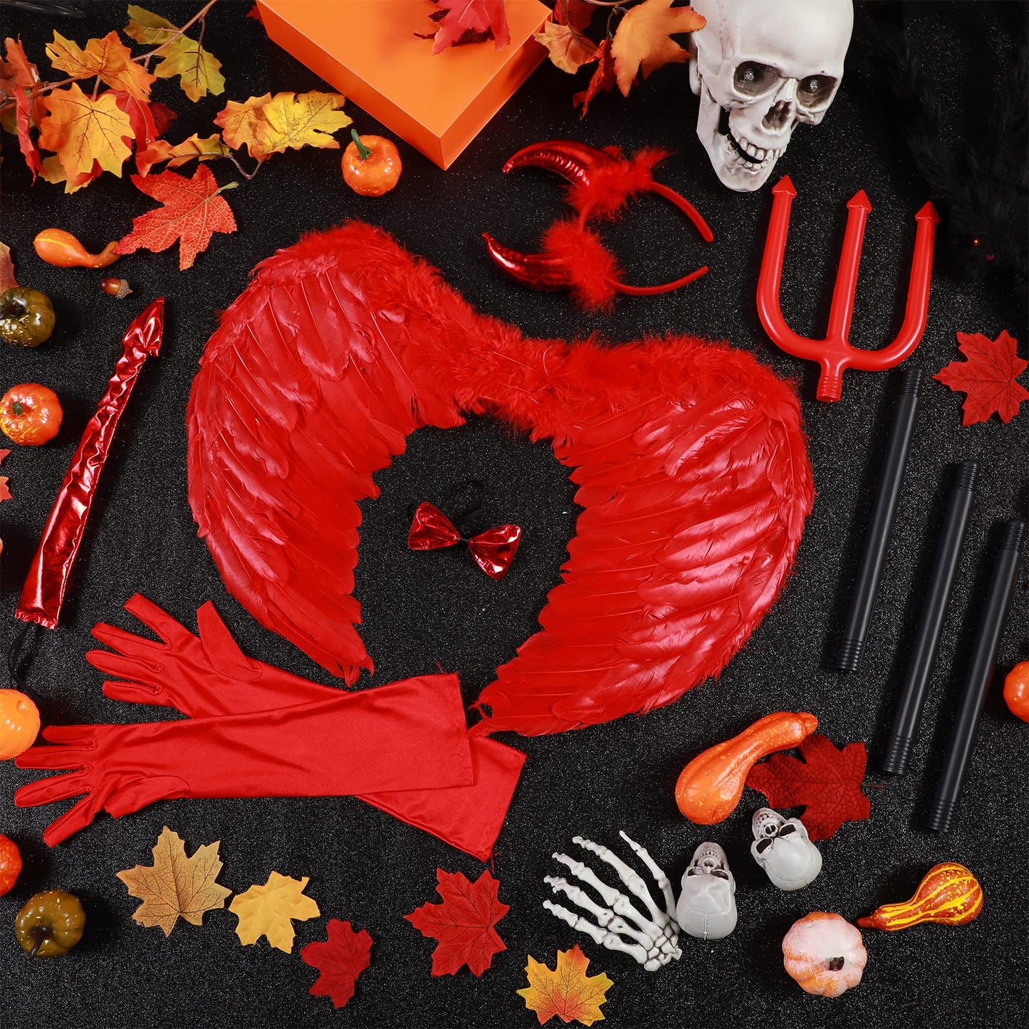 Hillban 6 Pcs Halloween Devil Costume Set Include Sequin Red Horns Headband Devil Tail Bowtie Devil Wings Long Gloves Devil Fork