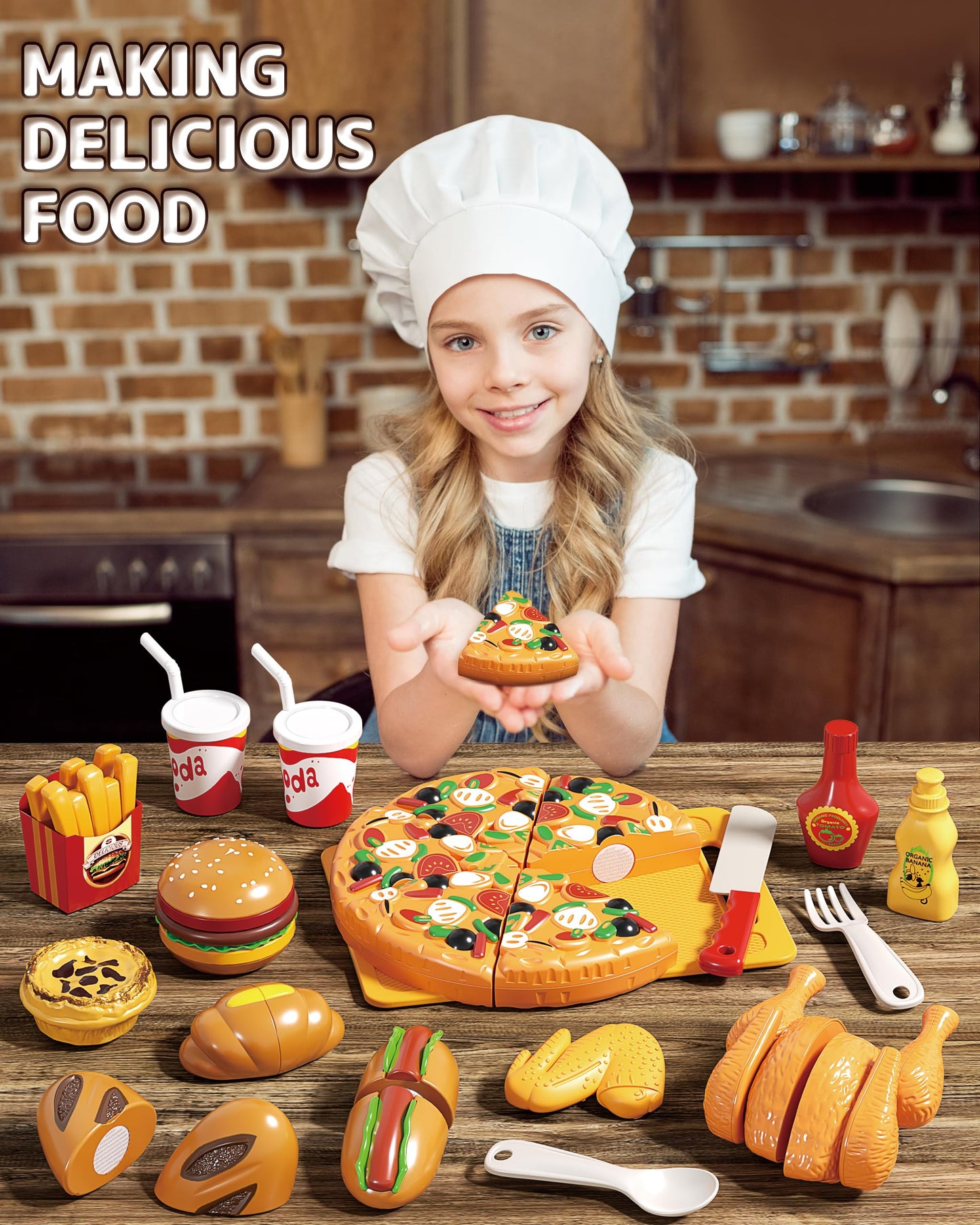 80pcs Pretend Play Food for Kids, Cutting Toy Food Set with Picnic Basket, Play Kitchen Accessories, Food Toys with Veggies, Fru