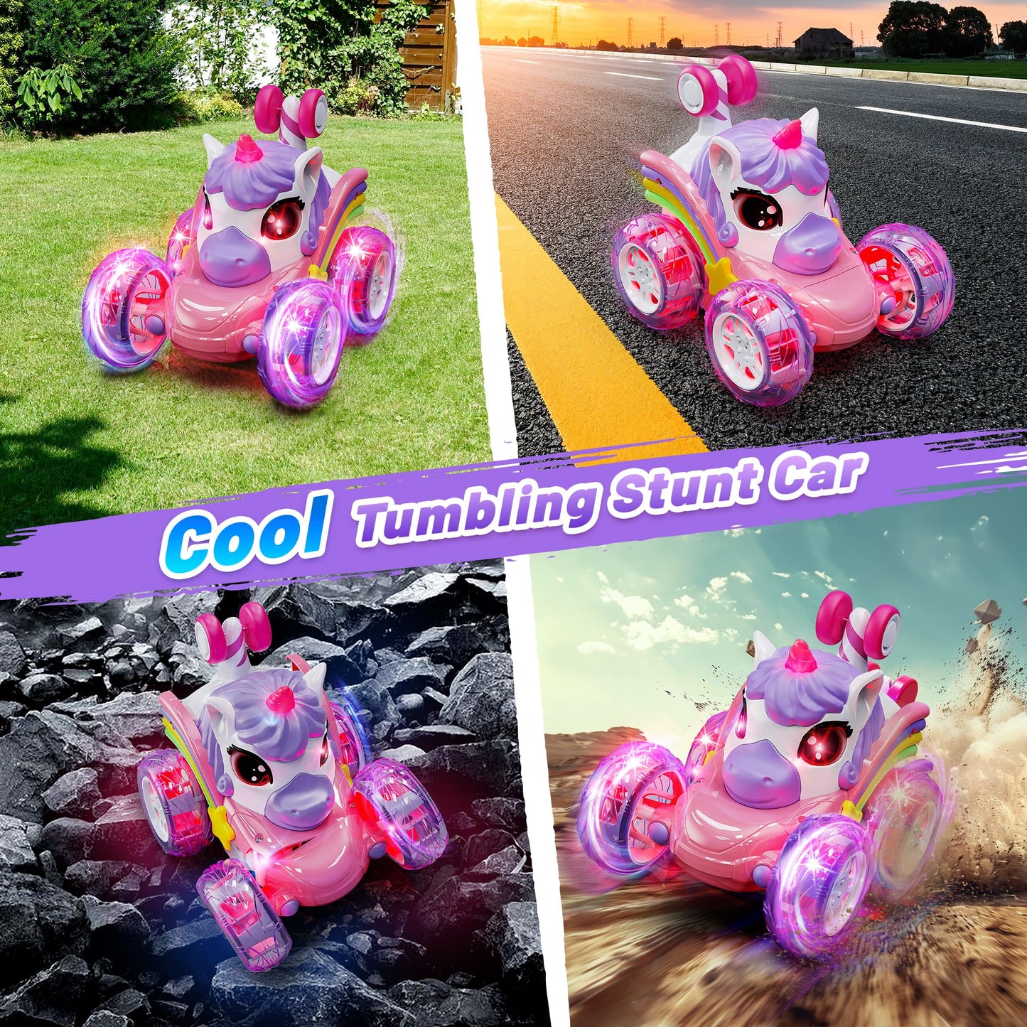 Carsky Unicorn Remote Control Car For Girls,360Stunt Rc Cars Rotation 4Wd Remote Cars With Led Lights,Fun Indoor Outdoor Toys Fo