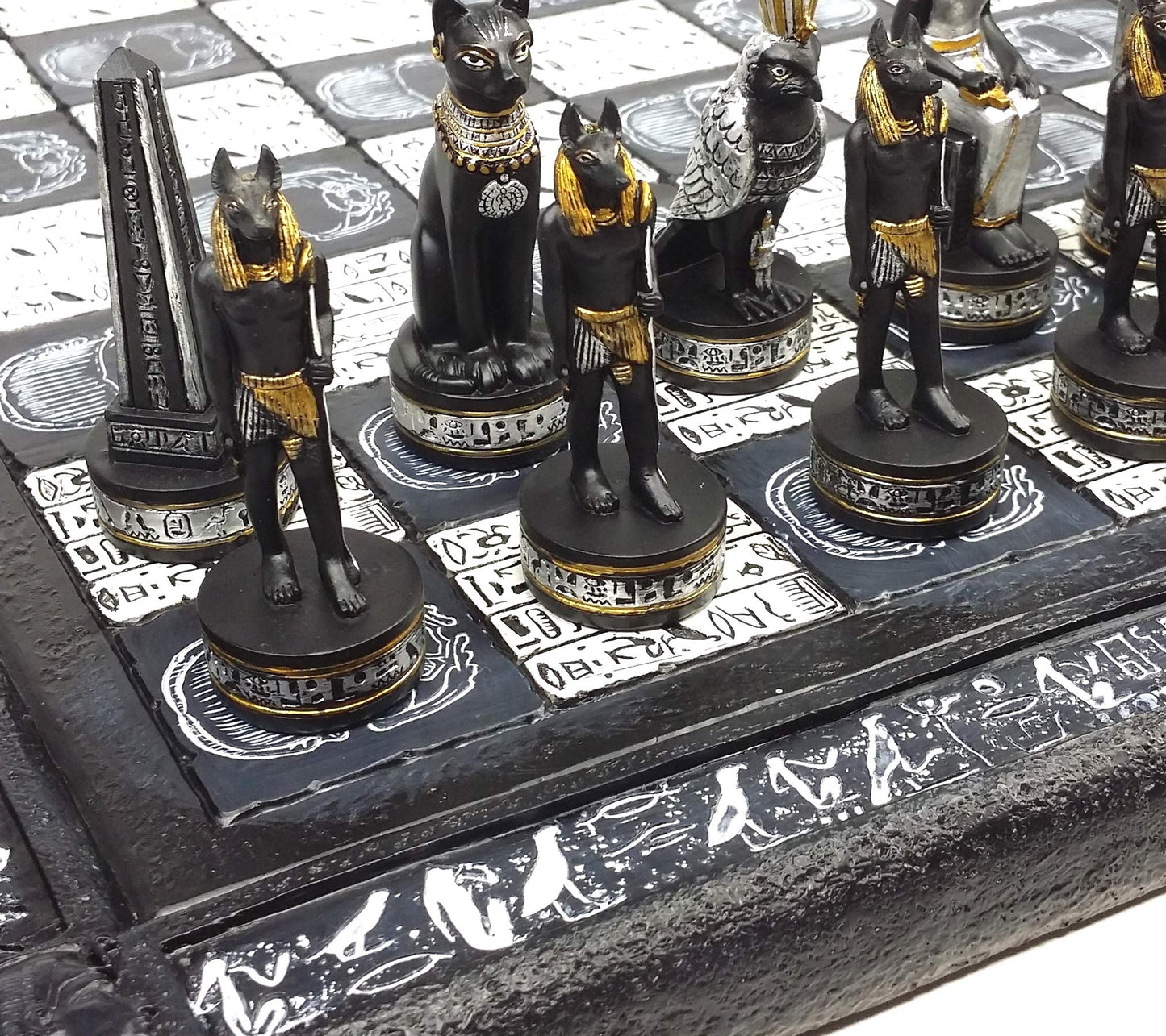 Egyptian Anubis Chess Set Black Silver and Gold Men with 16 Hieroglyphic Board