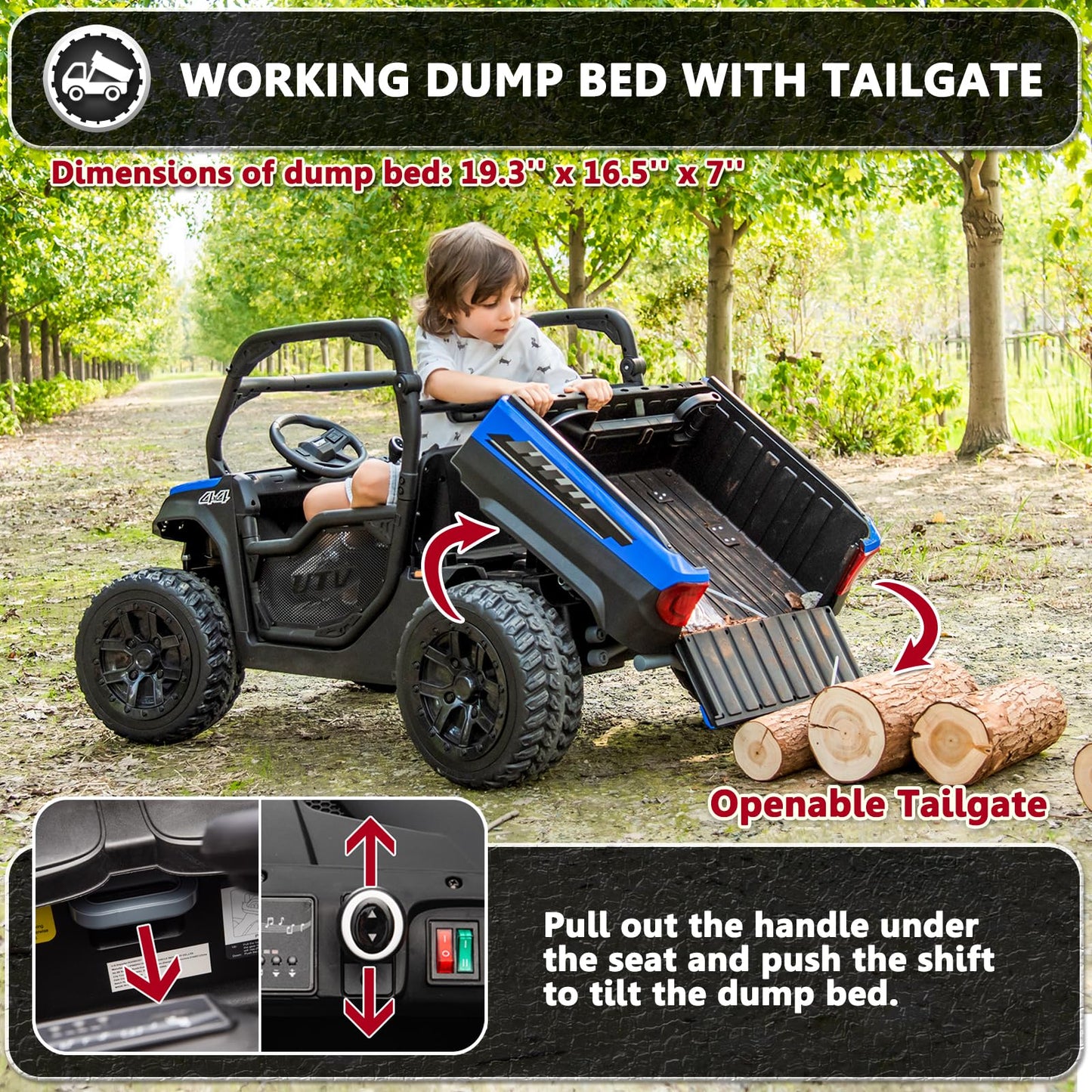 karbost 2 Seater 24V 10Ah Kids UTV Ride On Dump Truck with EVA Tires Ride on Toys for Big Kids with Remote Control 4WD Ride on Car Side by Side Truck with Electric Dump Bed  Shovel  Blue & Black