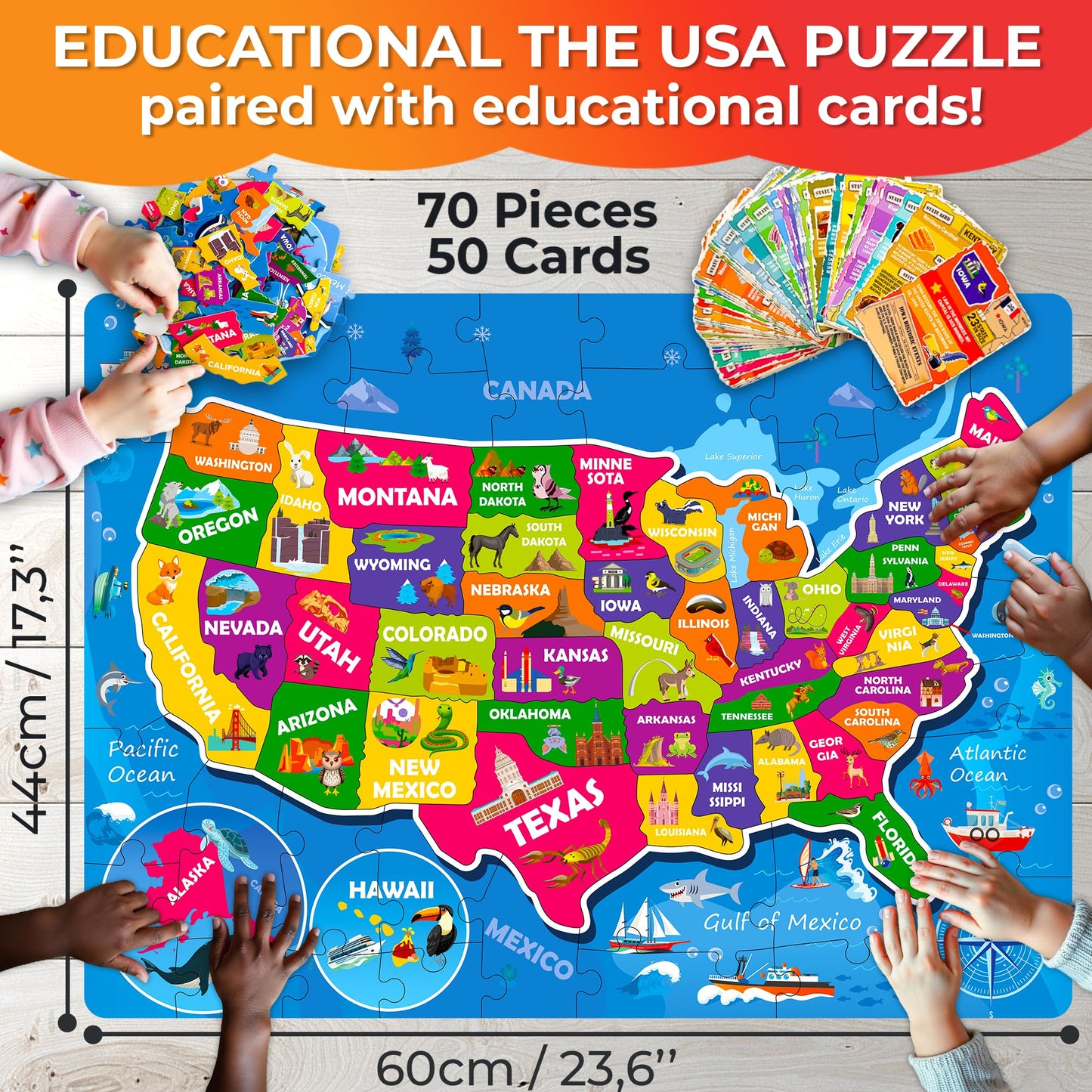 Quokka Puzzles For Kids Ages 4-6 - 70 Pcs Jigsaw Puzzles For 6-8 Year Olds - 50 Double-Sided Cards | Learn Usa| Stimulating Education Activity Gift - Shaped Puzzles For Toddlers