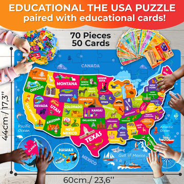 Quokka Puzzles For Kids Ages 4-6 - 70 Pcs Jigsaw Puzzles For 6-8 Year Olds - 50 Double-Sided Cards | Learn Usa| Stimulating Education Activity Gift - Shaped Puzzles For Toddlers
