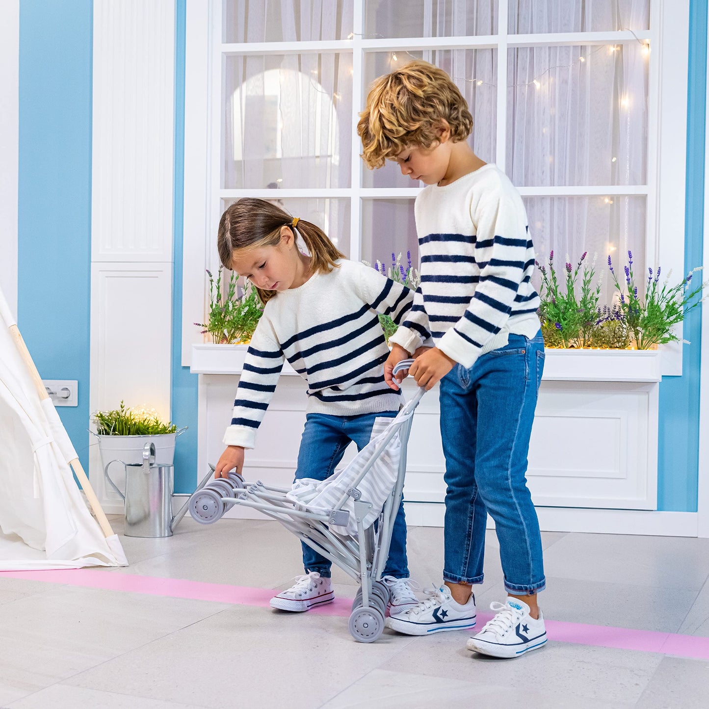Jc Toys | Berenguer Boutique | Twin Umbrella Baby Doll Stroller | Elephant Theme | Gray | Ages 2 +
