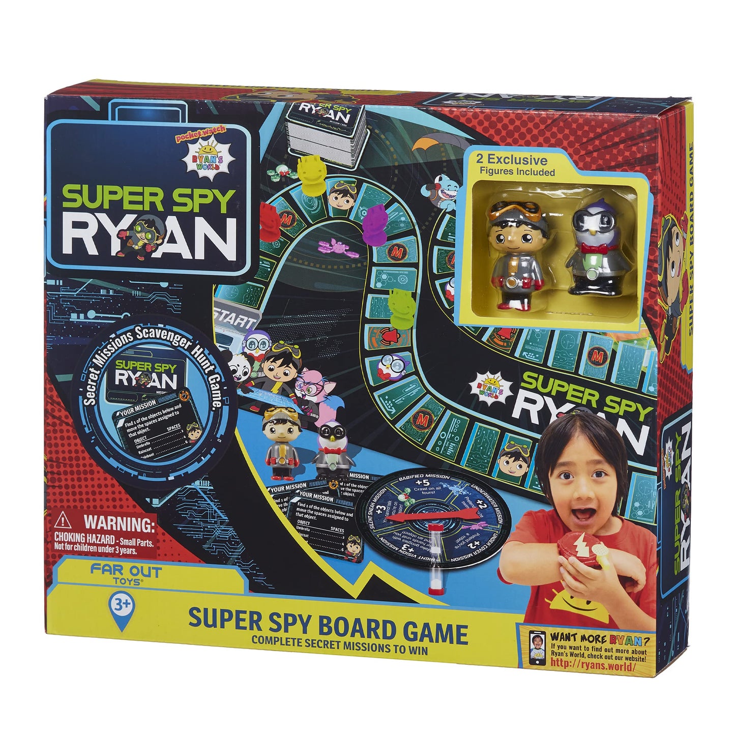 Far Out Toys Ryans World Super Spy Board Game  Mission Scavenger Hunt to Pack Rats Secret Lair  Adventure  Exploration  Mystery  2 limited availability Rare Collectible Micro Figures  70 Mission Cards  Ages 3+