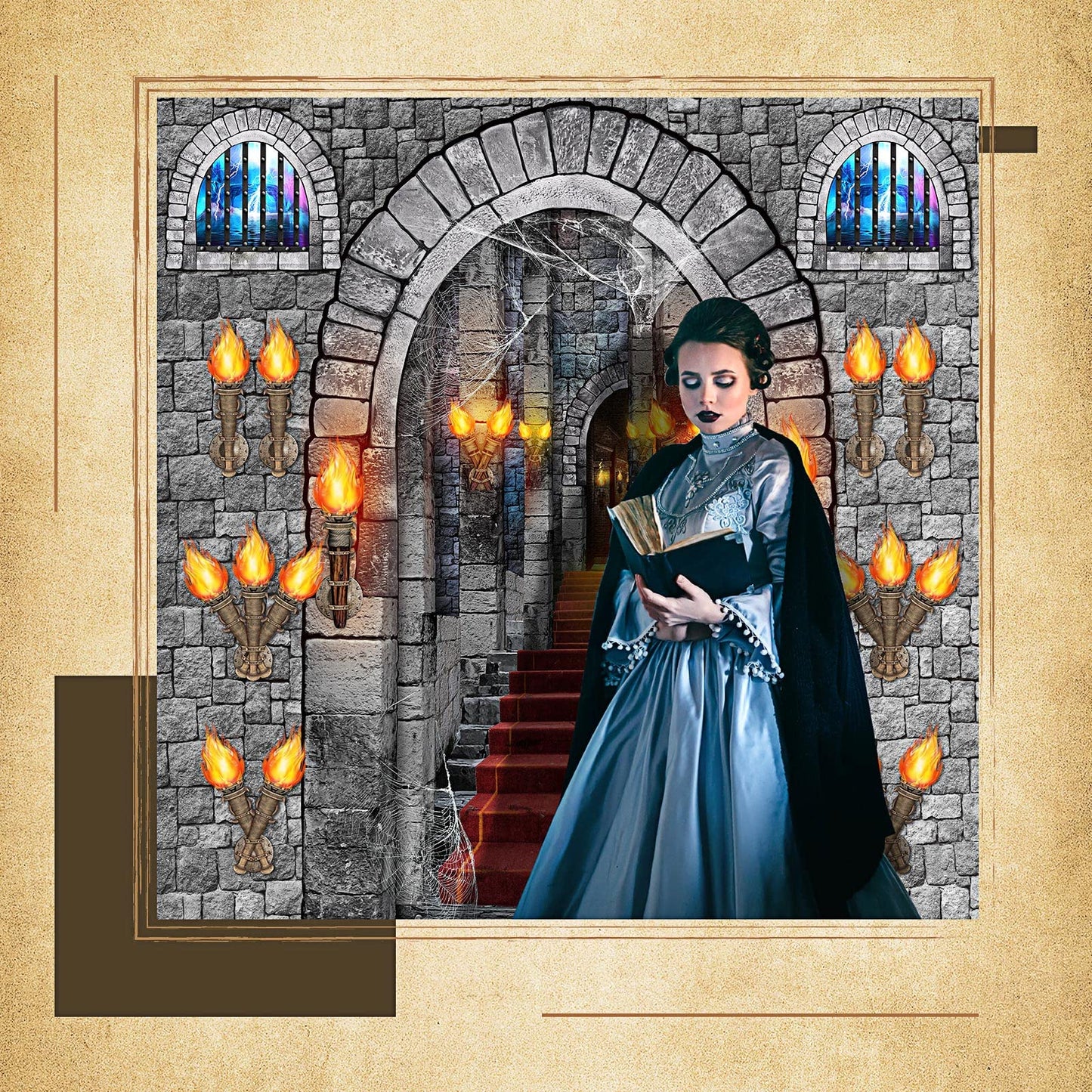 Tallew 13 Pcs Medieval Party Decorations, 2 Pcs Brick Stone Tablecloths,1 Castle Entrance Door, 2 Pcs Window Stickers 8 Pcs Torc