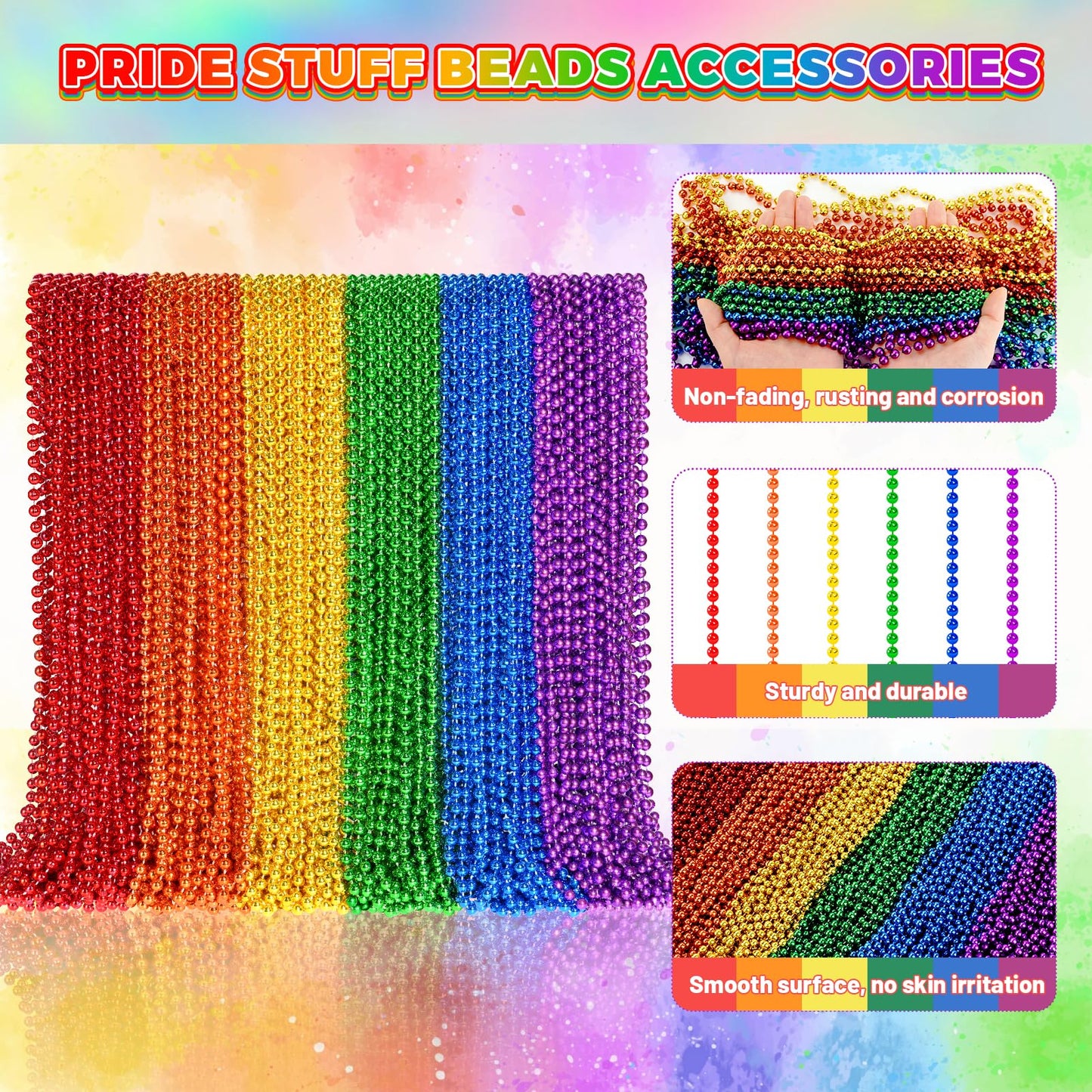 144 PCS Pride Beads Necklace Accessories, Metallic LGBTQ Beads Stuff, Rainbow Necklaces for Gay Lesbian Pride Month Parade Throw