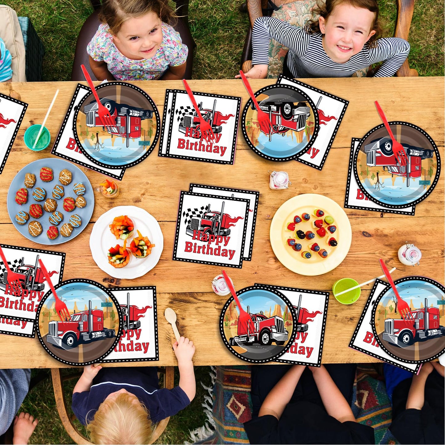 gisgfim Semi Truck Party Supplies Set - 96 Pcs Paper Plates & Napkins for Kids Birthday, Red Tractor Trailer Theme, Serves 24