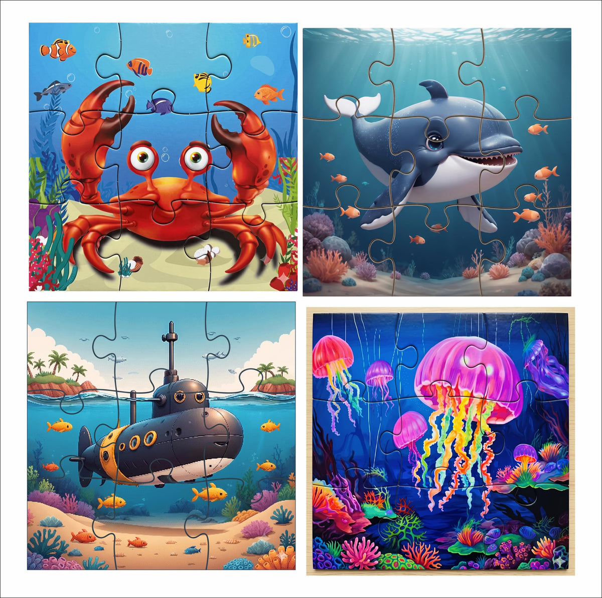 Ocean Theme Wooden Jigsaw Puzzles for Kids, Set of 4