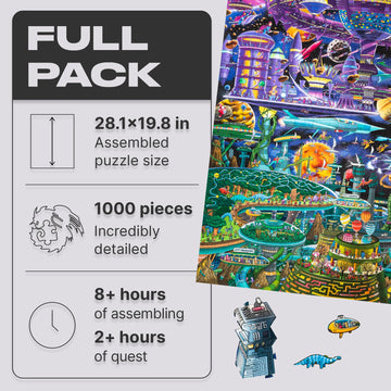 Unidragon Original + Ic4 Design Wooden Jigsaw Puzzle For Adults And Kids, Puzzle Board Game, Quezzle Space Adventures, Full Pack, 1000 Pieces, 28.2 By 19.6 Inches