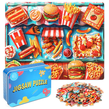 Lelemon Hamburger Jigsaw Puzzles In A Metal Box 60 Pieces Hamburger Jigsaw Puzzle For Kids Ages 4-8 Children Learning Educationa