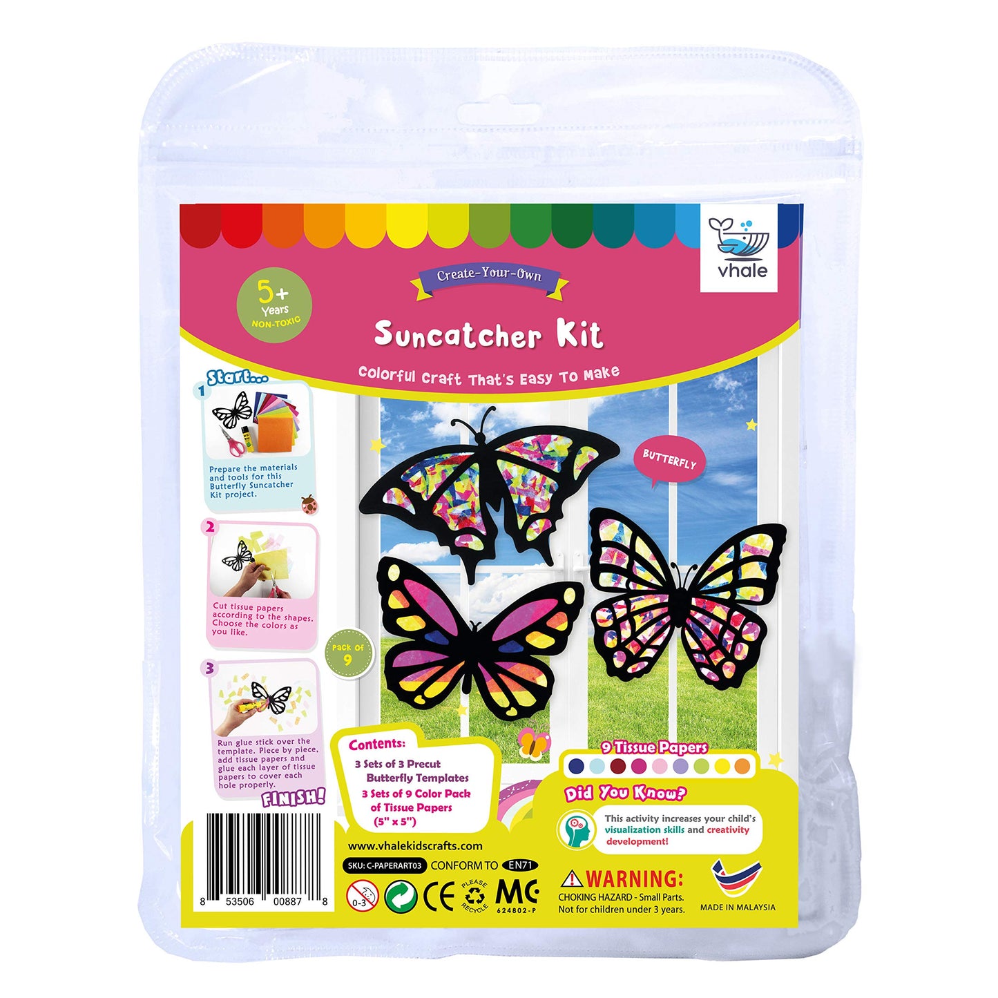 VHALE Suncatchers Craft 3 Sets (9 Cutouts) w Tissue Papers Stained Glass Effect Paper Sun Catcher Kit, Window Art, Classroom Cra