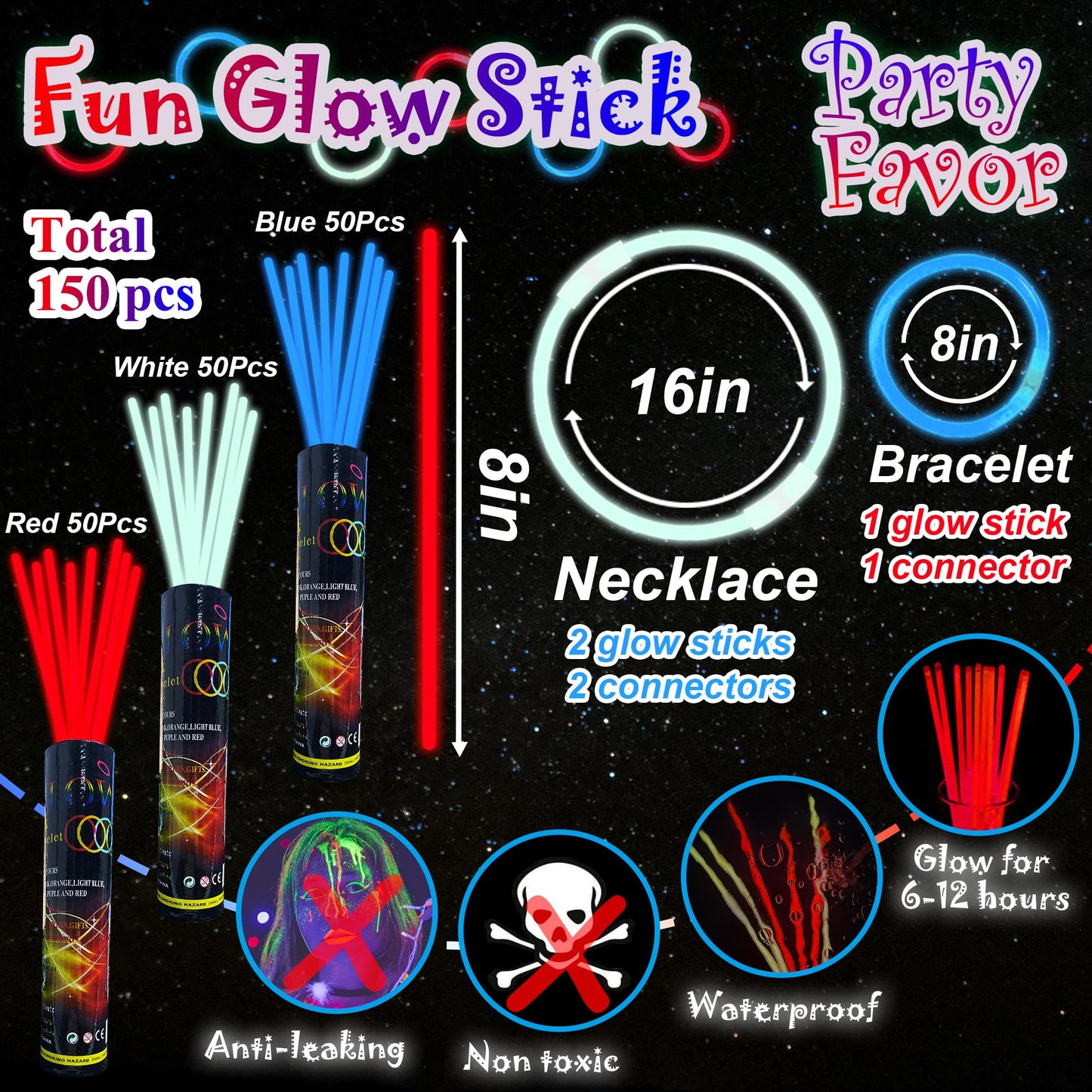 ILHSTY 150 Pcs 8 Red Blue White Glow Sticks Glow Necklaces In The Dark Party Favors Supplies Bright GlowSticks Bulk with Acces