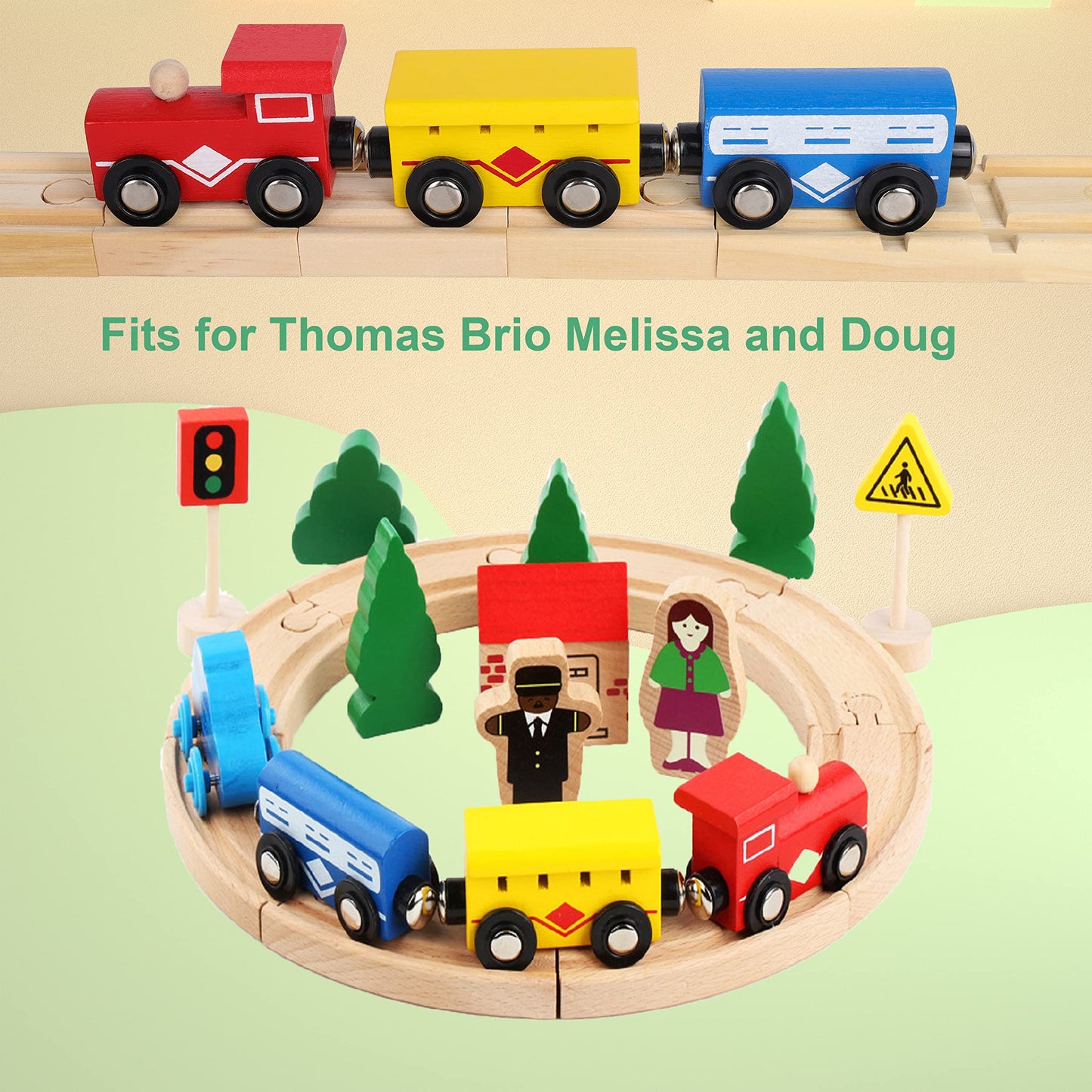 Wooden Train Tracks Toys For Toddler, 33 Pieces Magnetic Train With Wooden Tracks Fits For Thomas, Brio, Chuggington, Melissa An