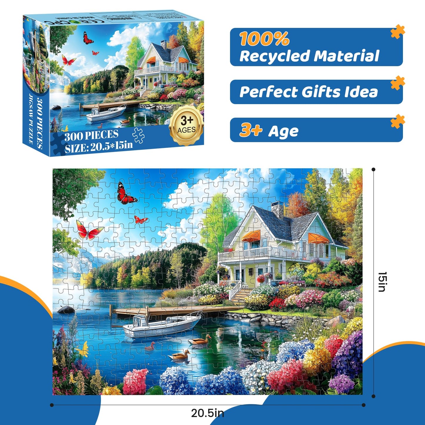 300 Pieces Puzzles For Adults | Lake House Jigsaw Puzzles | Large 300 Piece Puzzle For Children Adults Seniors | Sturdy,Safe | E