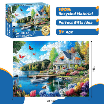 300 Pieces Puzzles For Adults | Lake House Jigsaw Puzzles | Large 300 Piece Puzzle For Children Adults Seniors | Sturdy,Safe | E