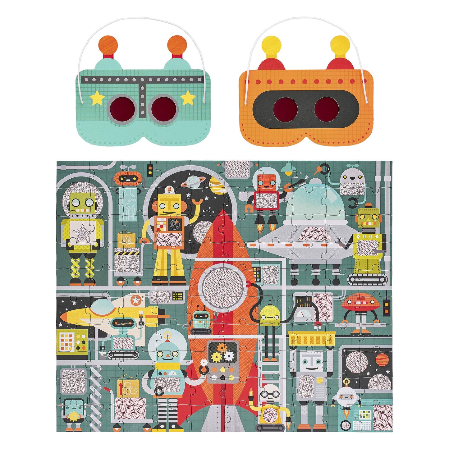 Petit Collage Robot Factory Decoder Childrens Puzzle, 100-Pieces - Jigsaw Puzzle for Kids - Includes Glasses to Uncover Hidden O