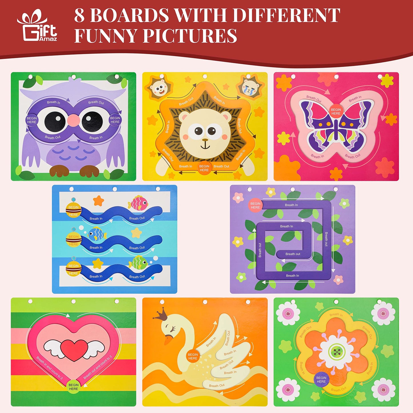 GiftAmaz Mindful Maze Boards - Calming Toys for Kids, Finger Path Breathing, Cardboard, Multiple Colors, Model M-001B, Ages 3+