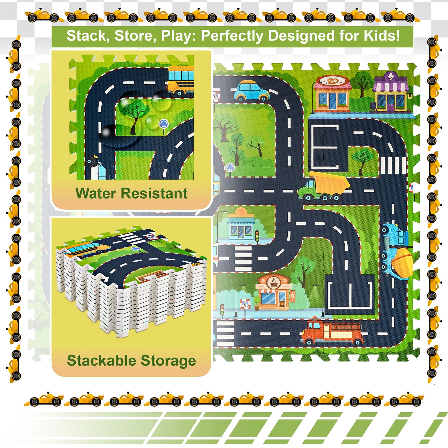 Sorbus Foam Playmat For Kids - Traffic Play Mat For Babies - Interlocking Floor Mats City Road Design - Track Play Rug For Children - Educational Playmat Rug Squares For Toy Cars & Trucks (12 Tiles)