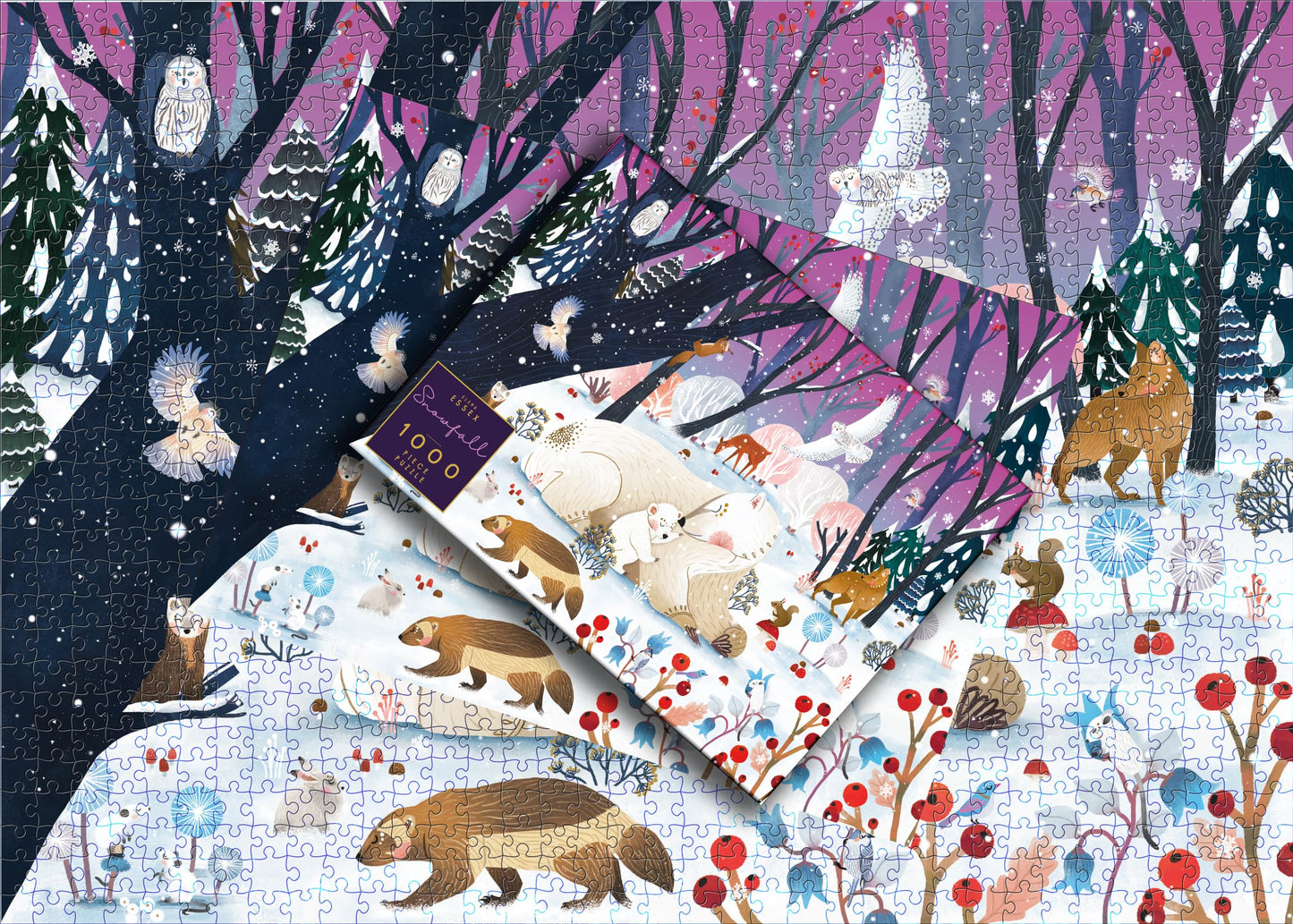 Elena Essex Puzzle - Snowfall | Christmas Puzzles 1000 Pieces | Puzzles For Adults 1000 Pieces | Holidays Snow Polar Bear Winter Animals Puzzle | Size 28X20 Inches