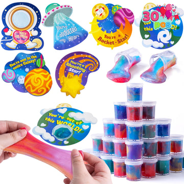 Joyin 30 Pcs V-Day Gift Cards With Galaxy Slime Stress Relief Fidget Toy For Kids Party Favor, Classroom Exchange Prizes, Valentin Party Favors, Greeting Cards